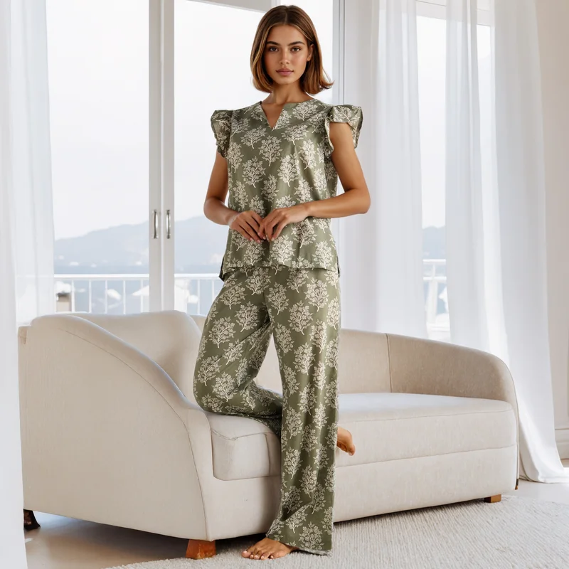 Splash FAV Printed Pyjama Set with Ruffle Sleeves