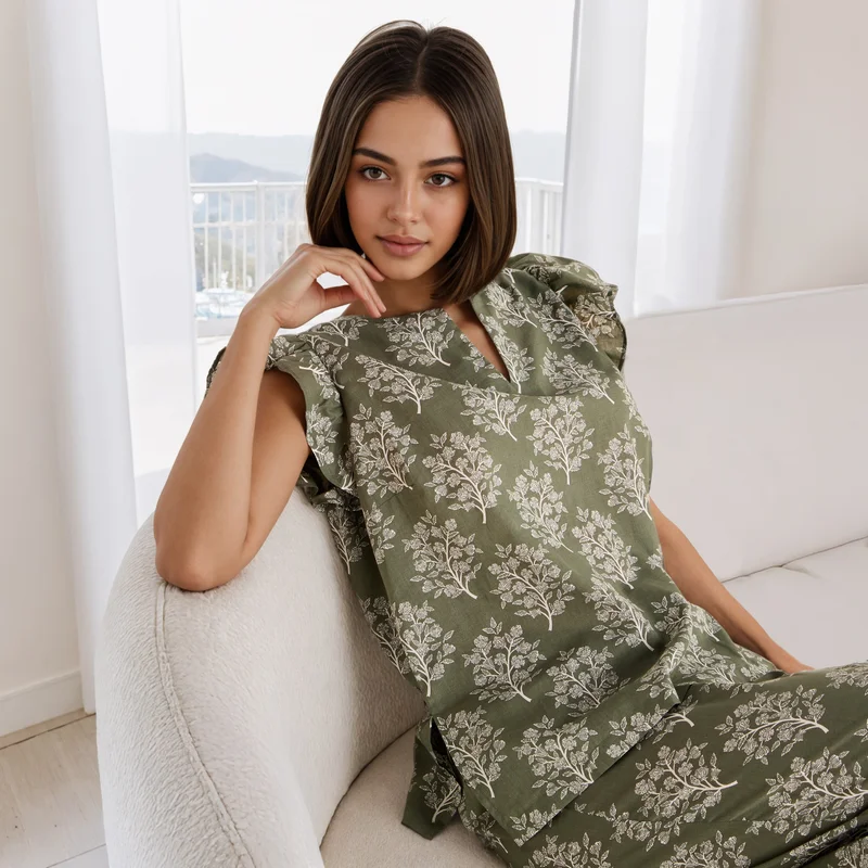 Splash FAV Printed Pyjama Set with Ruffle Sleeves