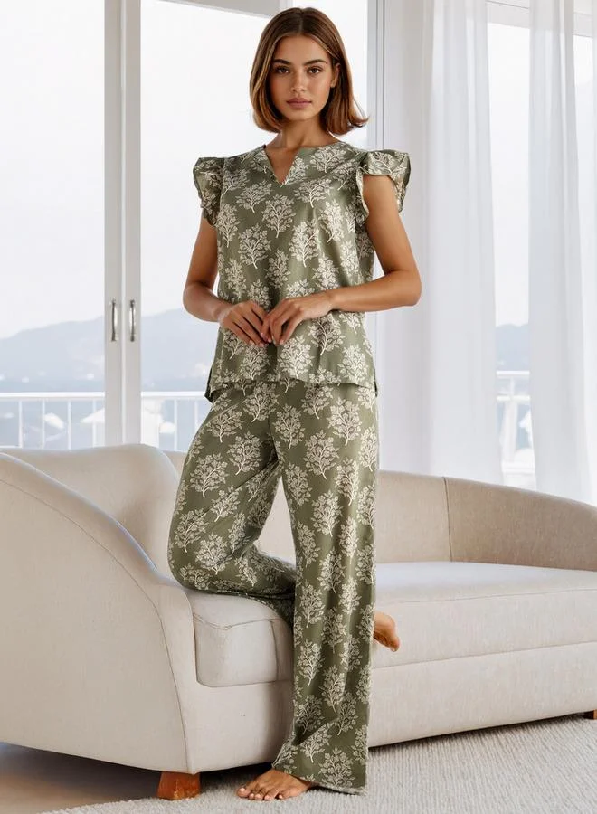 سبلاش فيڤ طقم بيجامة مطبوع بأكمام مكشكشة