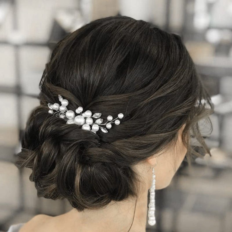 Latious Wedding Bride Pearl Hair Side Comb Silver Rhinestone Bridal Hair Clips Crystal Hair Pieces Hair Accessories for Women and Girls (Silver) - Image 3