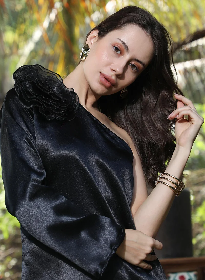  قصة Women's Raven Black Asymmetrical Flora Co-Ord Set