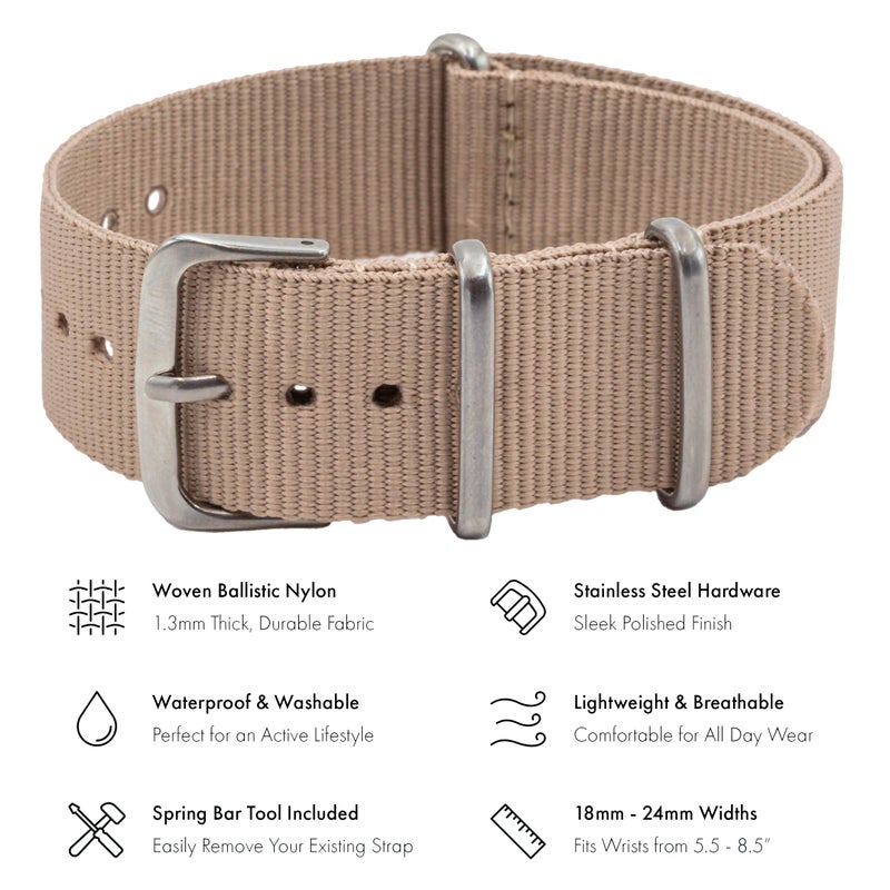 Benchmark Basics Nylon Watch Band - Waterproof Ballistic Nylon One-Piece Military Watch Straps for Men & Women (20mm, Khaki Tan) - Image 2