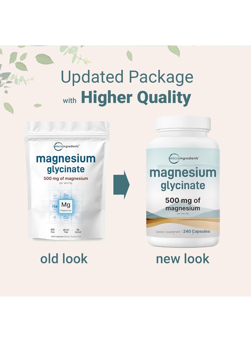 microingredients Magnesium Glycinate 500mg Per Serving, 240 Capsules | Potent Elemental Form, 100% Chelated, High Absorption | Healthy Muscle, Bones, & Mood Support Supplement - Image 1