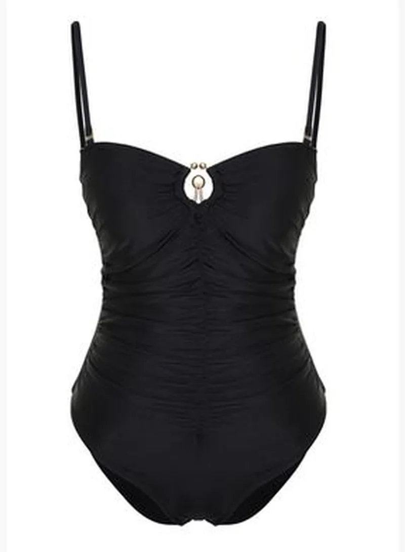 trendyol Black Strapless Gathered Swimsuit