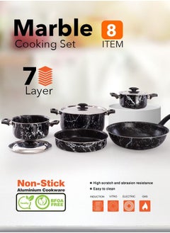 Grandi 8 Piece Cookware Set - Aluminum Pots And Pans - Non-Stick Surface - Bakelite Handles -Stainless Steel Lids - PFOA Free - black marbel  - Image 1