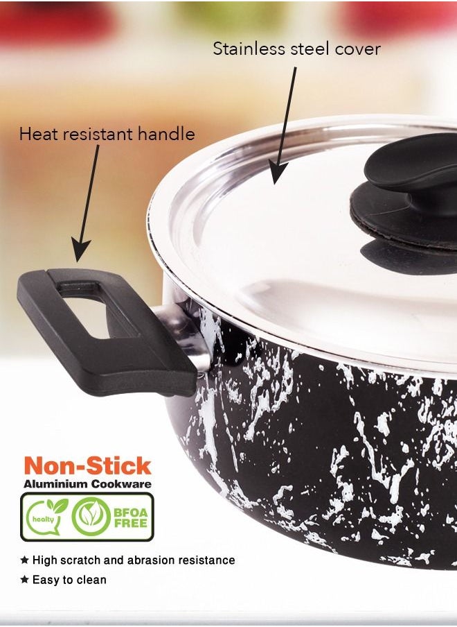 Grandi 8 Piece Cookware Set - Aluminum Pots And Pans - Non-Stick Surface - Bakelite Handles -Stainless Steel Lids - PFOA Free - black marbel  - Image 3