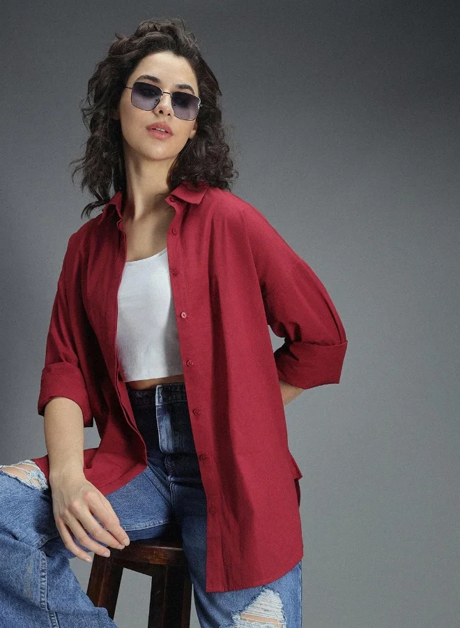 HIGH STAR Women's Red 100% Cotton Colourblocked Button Down Oversized Shirt