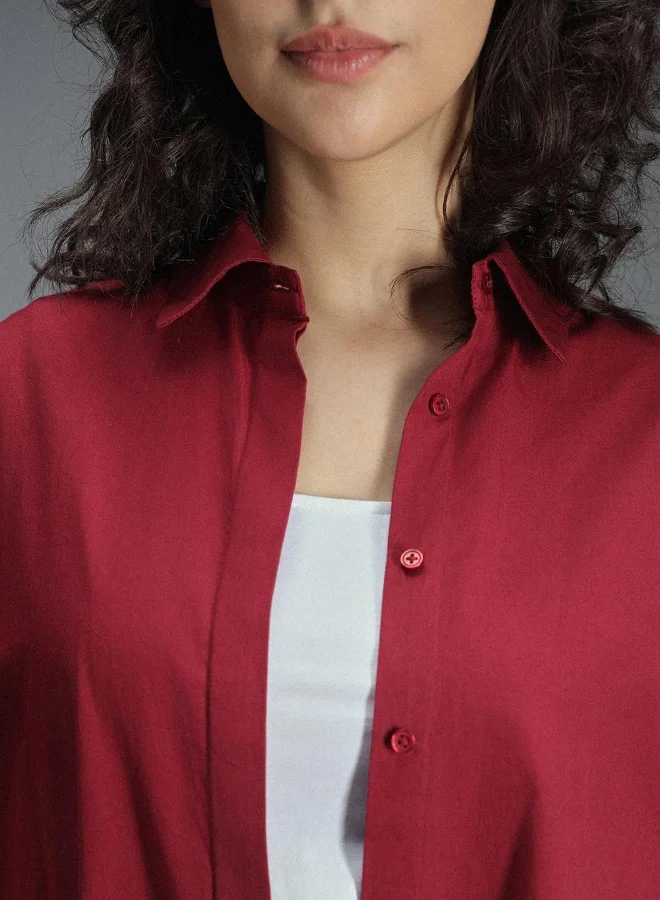HIGH STAR Women's Red 100% Cotton Colourblocked Button Down Oversized Shirt