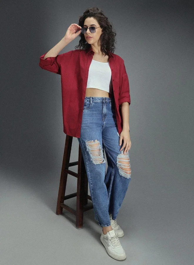 HIGH STAR Women's Red 100% Cotton Colourblocked Button Down Oversized Shirt