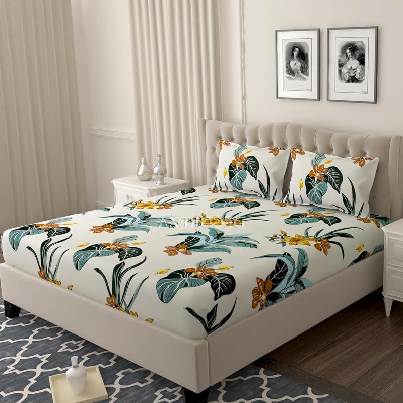 DECOREZA 350 TC Queen Size Elastic Fitted Bedsheet with Deep Pocket Cotton Feel Bed Sheet for Double Bed, Soft, Breathable & Wrinkle-Resistant, Includes 2 Pillow Covers, Size - 60"x78" Green Floral - Image 1