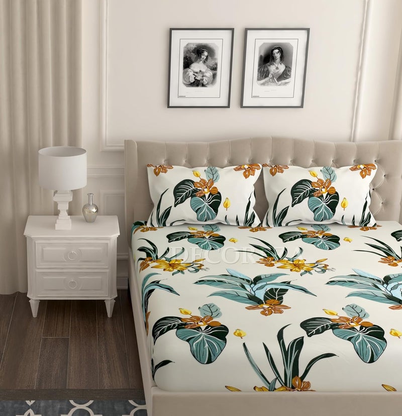 DECOREZA 350 TC Queen Size Elastic Fitted Bedsheet with Deep Pocket Cotton Feel Bed Sheet for Double Bed, Soft, Breathable & Wrinkle-Resistant, Includes 2 Pillow Covers, Size - 60"x78" Green Floral - Image 2