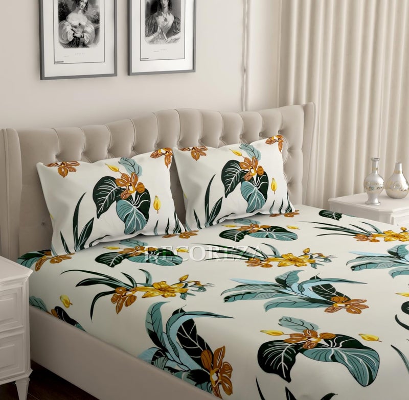 DECOREZA 350 TC Queen Size Elastic Fitted Bedsheet with Deep Pocket Cotton Feel Bed Sheet for Double Bed, Soft, Breathable & Wrinkle-Resistant, Includes 2 Pillow Covers, Size - 60"x78" Green Floral - Image 3