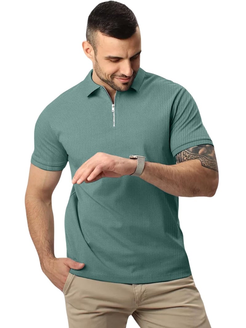LEOTUDE Men's Stylist Polo Collor Zipper Neck Regular Fit Cottonblend Half Sleeve Solid Combo Tshirts for Mans(P89_Grey_C1_P_Multi_L) - Image 4