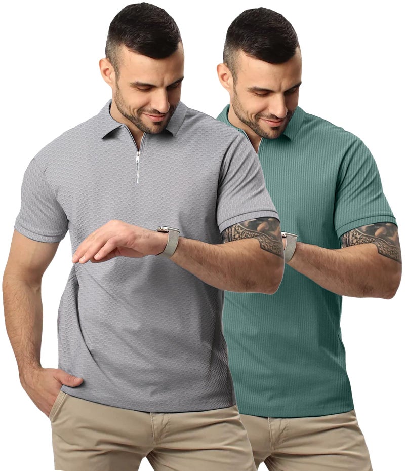 LEOTUDE Men's Stylist Polo Collor Zipper Neck Regular Fit Cottonblend Half Sleeve Solid Combo Tshirts for Mans(P89_Grey_C1_P_Multi_L) - Image 1