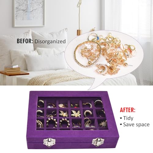 Vicoter Velvet Jewelry Box 24 Grid Jewelry Ring Display Organiser Box Tray Holder Earrings Storage Case for Girls Wife Mom Women (Purple) - Image 5