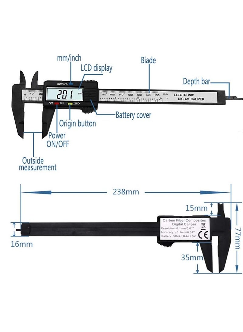 فرجار قياس الفرجار الإلكتروني الرقمي بشاشة LCD مقاس 6 بوصات من ألياف الكربون مقاس 150 مم - Image 3