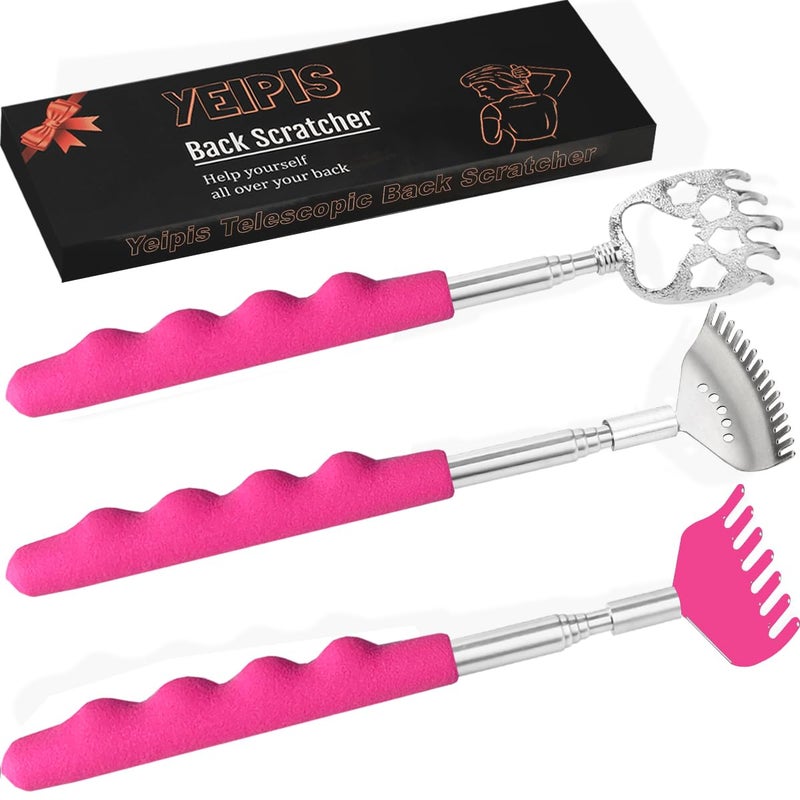 Yeipis 3 Pack Different Back Scratcher Metal Portable Telescoping Back scratchers with Rubber Handles, Extendable Back Massager Tool, Great Stocking Stuffers for Men Women Kids Adultsï¼ˆPinkï¼‰ - Image 1