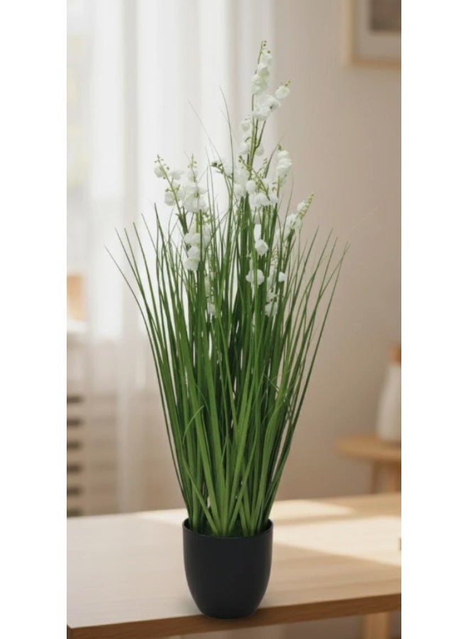 AKDC Artificial Grass with White Flowers - Potted in Plastic Pot, Adds Elegant Touch to Gardens or Interiors, 80 cm Tall,"- Blends plastic grass blades with delicate white flowers for a serene, meadow-like effect. - Image 1