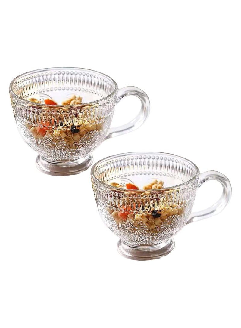 Beauenty Pack of 2 Glass Coffee Mugs with Handles 14 Ounces Embossed Tea Cups Vintage Drinking Glassware for Water Milk Latte Cappuccino Dessert Beverage  - Image 1