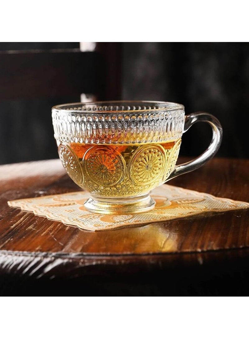 Beauenty Pack of 2 Glass Coffee Mugs with Handles 14 Ounces Embossed Tea Cups Vintage Drinking Glassware for Water Milk Latte Cappuccino Dessert Beverage  - Image 4