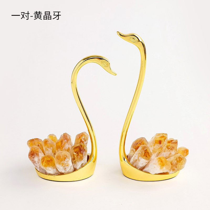 Runyangshi Natural Crystal Swan Ornament with Electroplated Black Tourmaline, Blue Feathers, and Purple-Yellow Quartz - Perfect Wedding Gift - Image 1