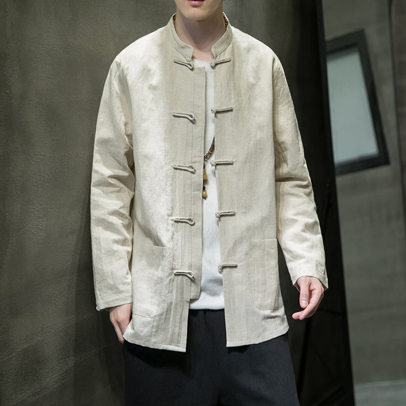 Linen Long Sleeve Shirt Jacket Mens Autumn Chinese Style Mens Shirt Chinese Style Collar Mens Cotton Linen Tang Coat White - Image 4