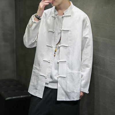 Linen Long Sleeve Shirt Jacket Mens Autumn Chinese Style Mens Shirt Chinese Style Collar Mens Cotton Linen Tang Coat White - Image 1