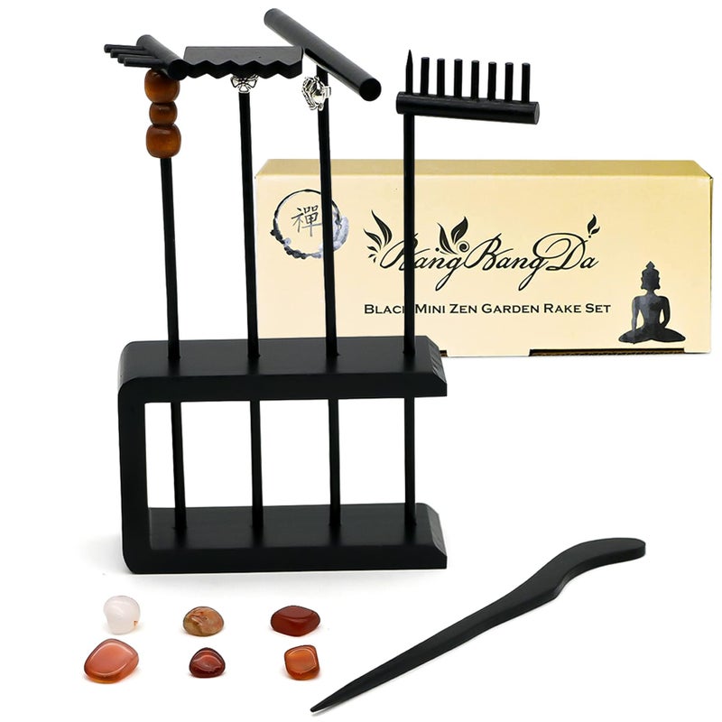 BangBangDa Mini Zen Garden Rake Set 12 Piece Black Bamboo Sand Rakes with Storage Stand 6 Crystals Desktop Meditation Tools for Adults Stress Relief Zen Gift - Image 2