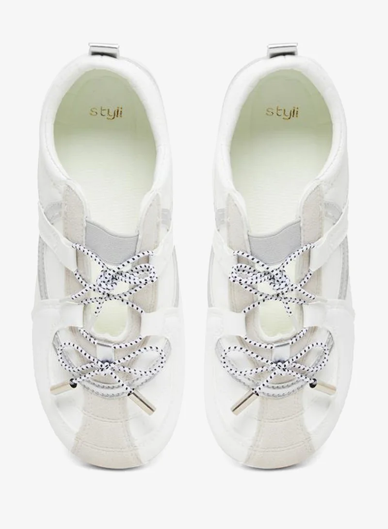Styli Active White White Leather Lace Up Sneakers for Women | Best Price UAE