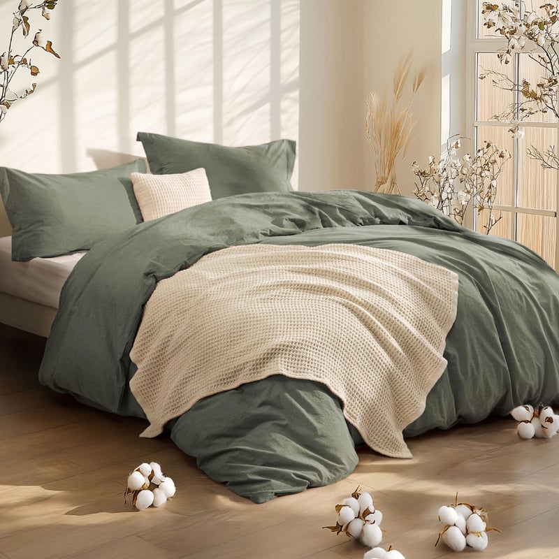 Bedsure 5 PCS Cotton Comforter Set with Waffle Throw Blanket - Breathable Bedding Set for All Seasons, Olive Green Comforter King Size, Pillow Shams, Beige 100% Cotton Blanket, Throw Pillow - Image 1