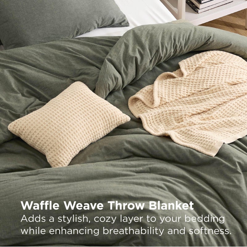 Bedsure 5 PCS Cotton Comforter Set with Waffle Throw Blanket - Breathable Bedding Set for All Seasons, Olive Green Comforter King Size, Pillow Shams, Beige 100% Cotton Blanket, Throw Pillow - Image 3