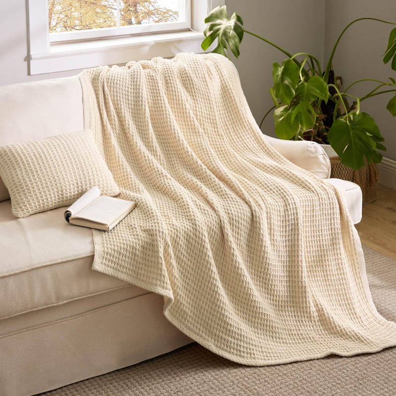Bedsure 5 PCS Cotton Comforter Set with Waffle Throw Blanket - Breathable Bedding Set for All Seasons, Olive Green Comforter King Size, Pillow Shams, Beige 100% Cotton Blanket, Throw Pillow - Image 5