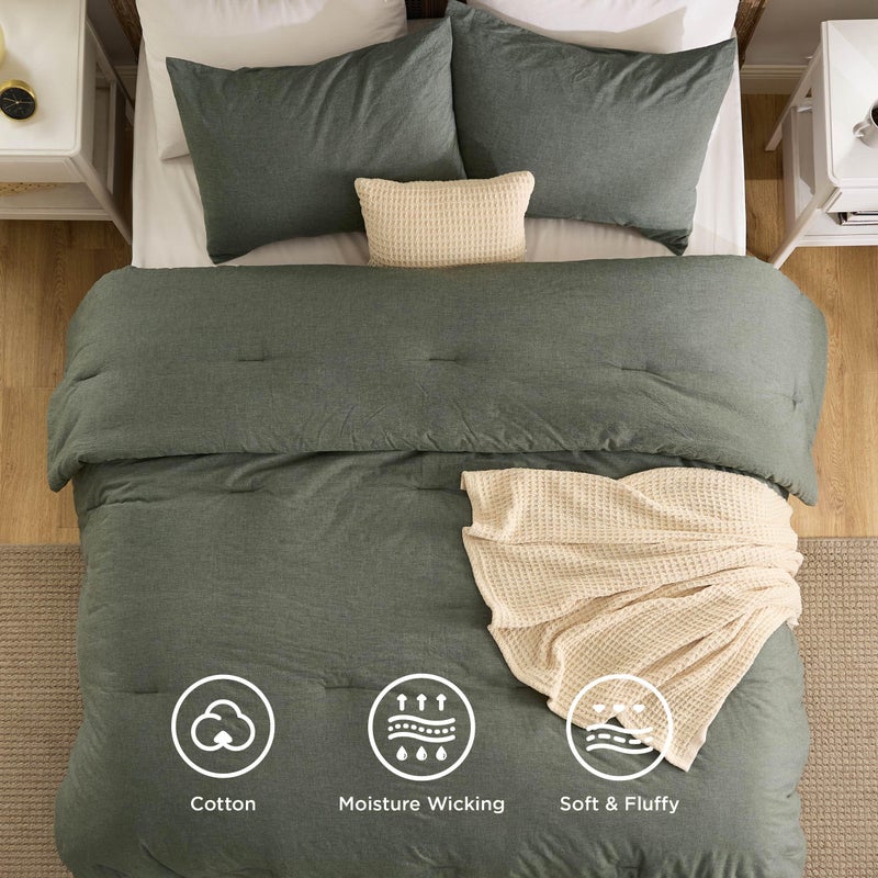 Bedsure 5 PCS Cotton Comforter Set with Waffle Throw Blanket - Breathable Bedding Set for All Seasons, Olive Green Comforter King Size, Pillow Shams, Beige 100% Cotton Blanket, Throw Pillow - Image 4