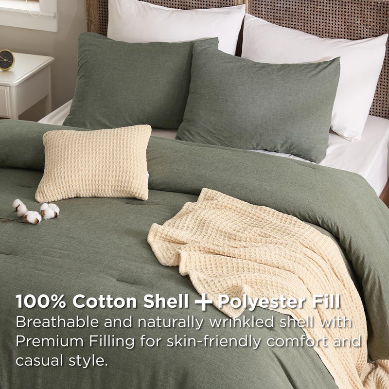 Bedsure 5 PCS Cotton Comforter Set with Waffle Throw Blanket - Breathable Bedding Set for All Seasons, Olive Green Comforter King Size, Pillow Shams, Beige 100% Cotton Blanket, Throw Pillow - Image 2