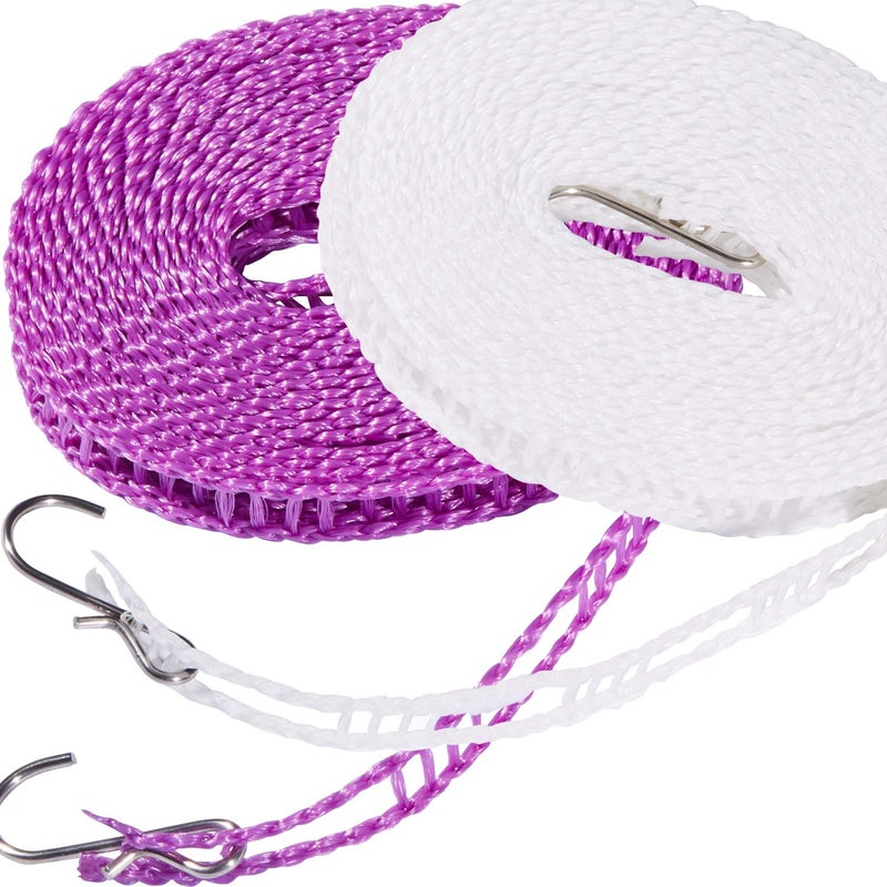Foshine 2 Pack Clotheslines 164ft Length Camping 5m Clothesline White Purple Drying Rope Portable Windproof Travel for Indoor Outdoor Laundry