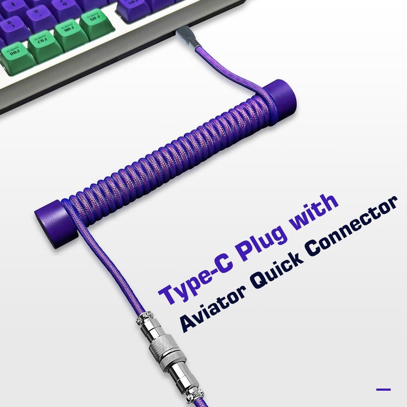 يو سي انوفينيت كابل لوحة المفاتيح الملفوف من ، كابل USB-C مخصص للوحات المفاتيح الاحترافية للألعاب، كابلات لوحات المفاتيح الميكانيكية بغلاف مزدوج مع قطعة معدنية قابلة للفصل، طول 1.8 متر، من نوع USB-C إلى USB-A (لون بنفسجي) - Image 2