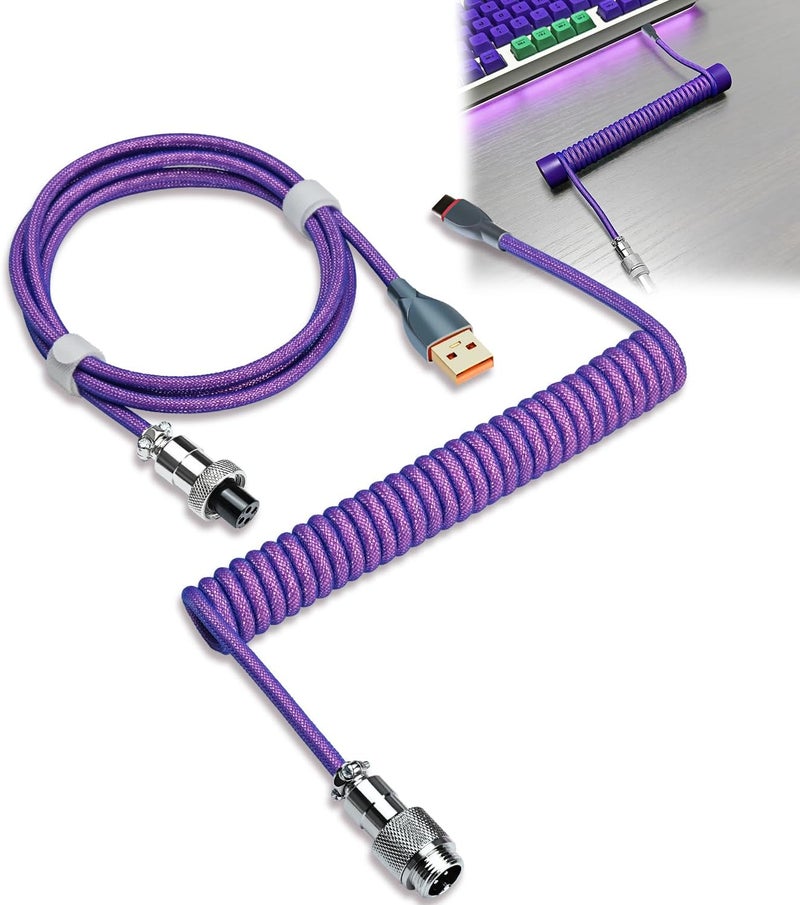 يو سي انوفينيت كابل لوحة المفاتيح الملفوف من ، كابل USB-C مخصص للوحات المفاتيح الاحترافية للألعاب، كابلات لوحات المفاتيح الميكانيكية بغلاف مزدوج مع قطعة معدنية قابلة للفصل، طول 1.8 متر، من نوع USB-C إلى USB-A (لون بنفسجي) - Image 1