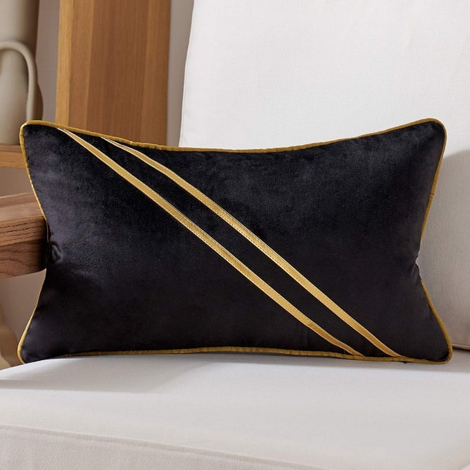 12 x 20 Inch Black Gold Leather Striped Lines Velvet Cushion Case Luxury Modern Throw Pillow Cover Decorative Pillow for Couch Living Room Bedroom Car