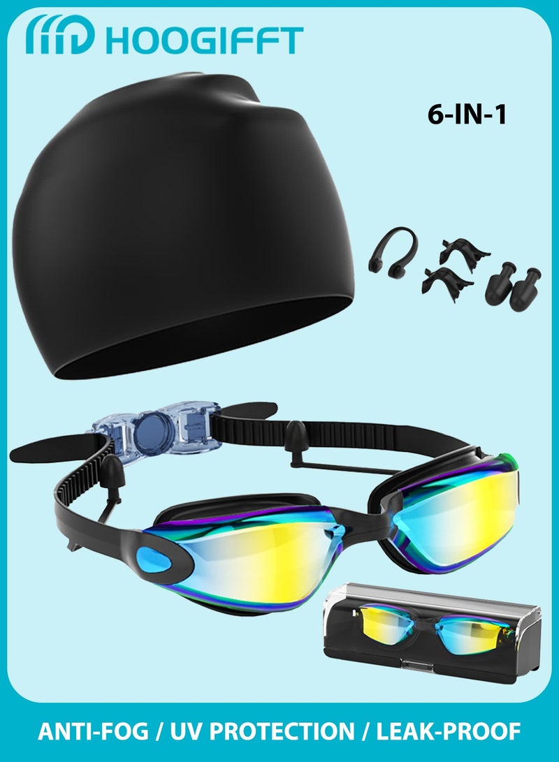 HOOGIFFT 6-in-1 Anti-Fog Swimming Goggles Set with Cap, Earplugs & Nose Clip, Leak-Proof UV Protection Swim Glasses, Adjustable Waterproof Goggles for Men & Women - Image 1