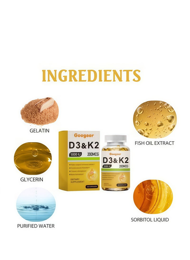 K2 Vitamin D3 5000 IU & K2 200 MCG Capsules, Support Immune System, Calcium Absorption & Bone Health, 120 Count - Image 2