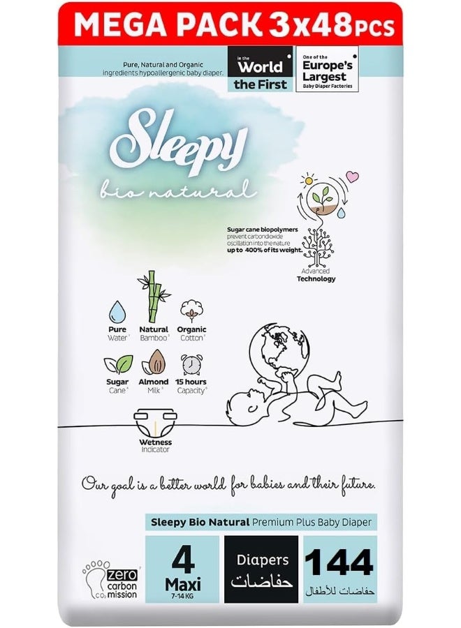 Sleepy Pack Of 144 Baby Bio Natural Premium Size 4 Diapers, Baby Dry Taped Diapers, 7-14 Kg Hypoallergenic, Water Based, Almond Milk, Vegan, 100% Leakproof, 3 X 48 Pieces