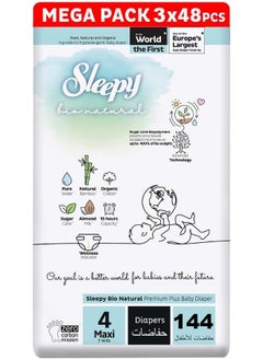 Sleepy Pack Of 144 Baby Bio Natural Premium Size 4 Diapers, Baby Dry Taped Diapers, 7-14 Kg Hypoallergenic, Water Based, Almond Milk, Vegan, 100% Leakproof, 3 X 48 Pieces  - Image 1