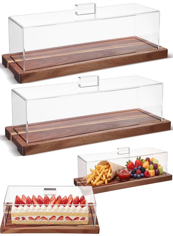 Mifoci 2 Pack Rectangular Acacia Wood Cake Stand Serving Tray with Acrylic Lid, 15 x 6 x 4 Inches Charcuterie Table Display Set, Dessert Serving Tray Set for Bakery, Buffet, Home Party & Restaurant - Image 1