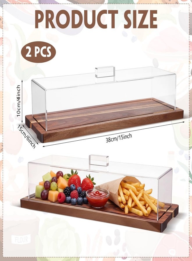 Mifoci 2 Pack Rectangular Acacia Wood Cake Stand Serving Tray with Acrylic Lid, 15 x 6 x 4 Inches Charcuterie Table Display Set, Dessert Serving Tray Set for Bakery, Buffet, Home Party & Restaurant - Image 2