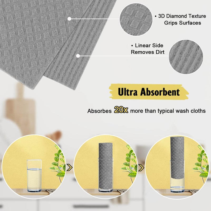 Molkene Swedish Dishcloths For Kitchen | 10 Pack Absorbent Cellulose Sponge Cloths Washable | Non-Scratch Reusable Paper Towels Quick Drying Cleaning Rag - Grey - Image 3