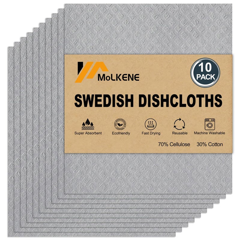 Molkene Swedish Dishcloths For Kitchen | 10 Pack Absorbent Cellulose Sponge Cloths Washable | Non-Scratch Reusable Paper Towels Quick Drying Cleaning Rag - Grey - Image 1