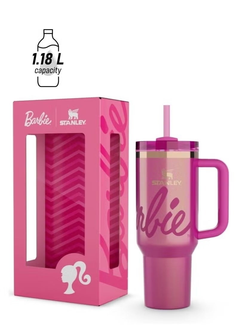 Stanley x Barbie™ 40 oz Quencher Tumbler, Recycled Stainless Steel Vacuum Insulated Travel Mug with Handle & Straw, Pink - Image 1
