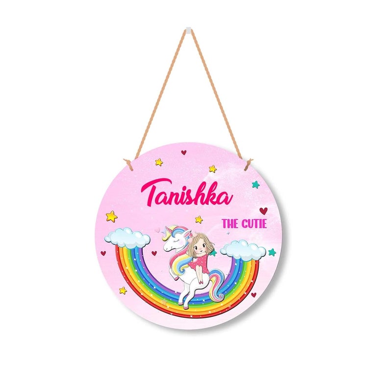 ASHVAH Unicorn Personalized RoomDoor Kids Name Plate with Hanging ChainDoor Sign Kids Room Dcor Size 10 inch Name Tanishka