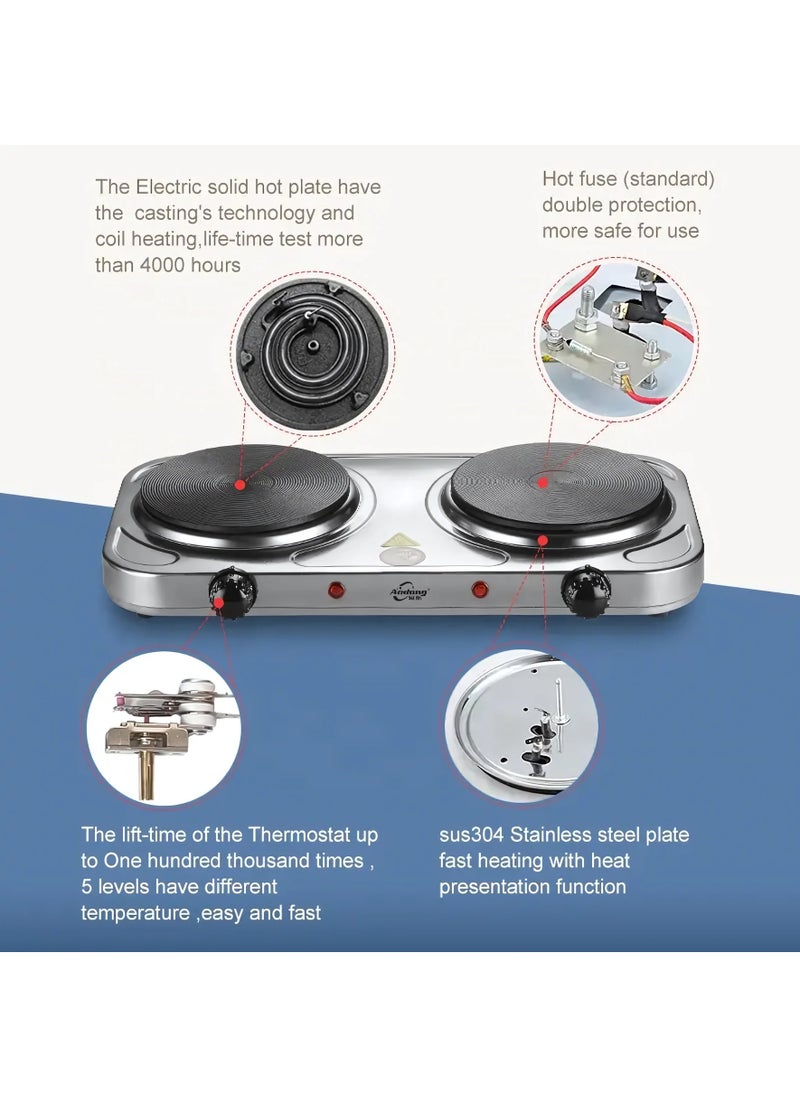 Generic - 2500W Stainless Steel Double Hot Plate – Portable Electric Hob Double Burner with Adjustable Temperature Control - Image 1