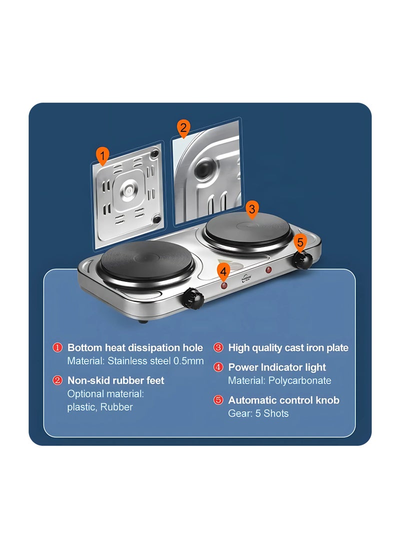 Generic - 2500W Stainless Steel Double Hot Plate – Portable Electric Hob Double Burner with Adjustable Temperature Control - Image 1
